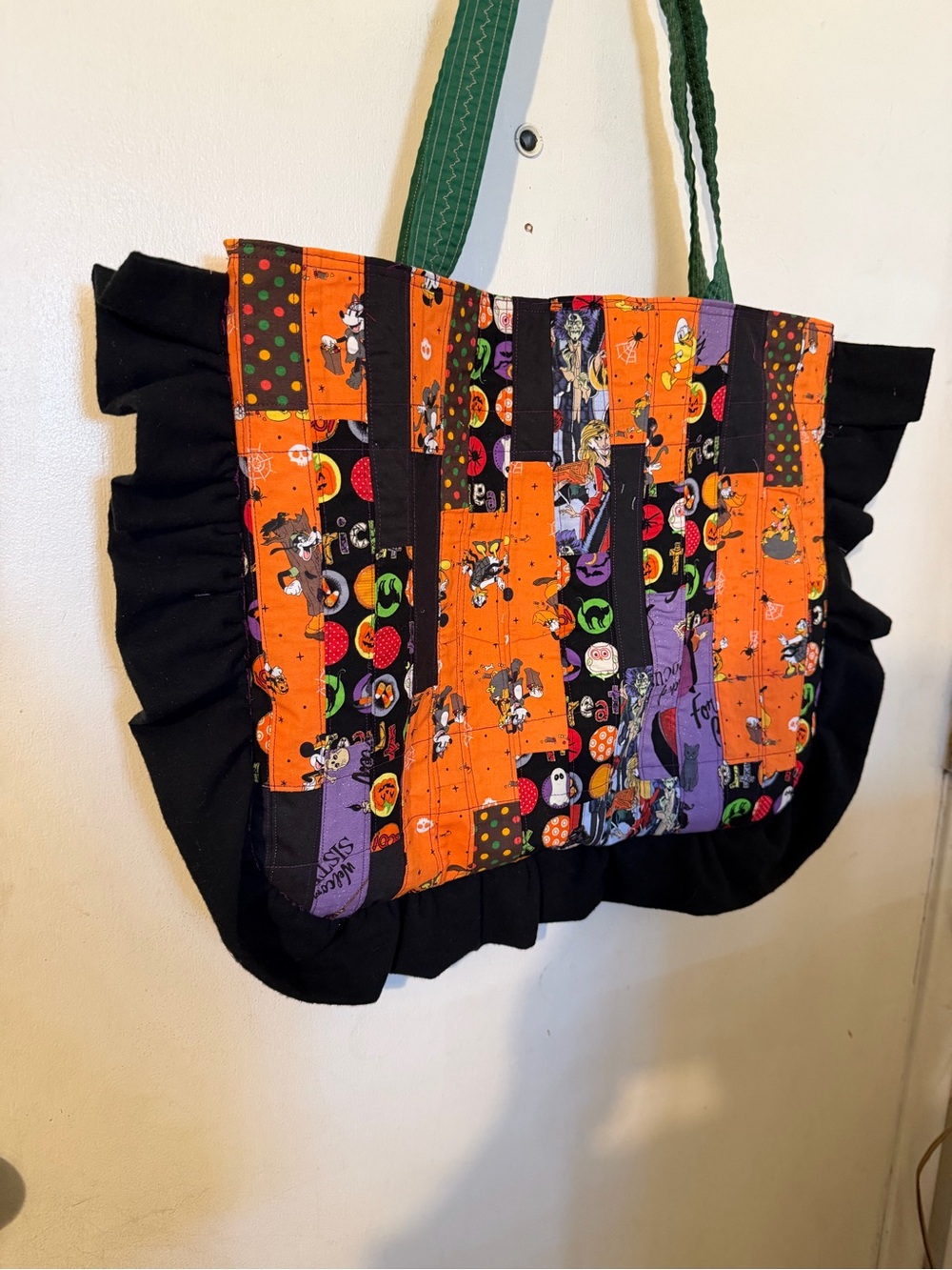 Patchwork Ruffle Tote Bag in Orange, Black & Purple